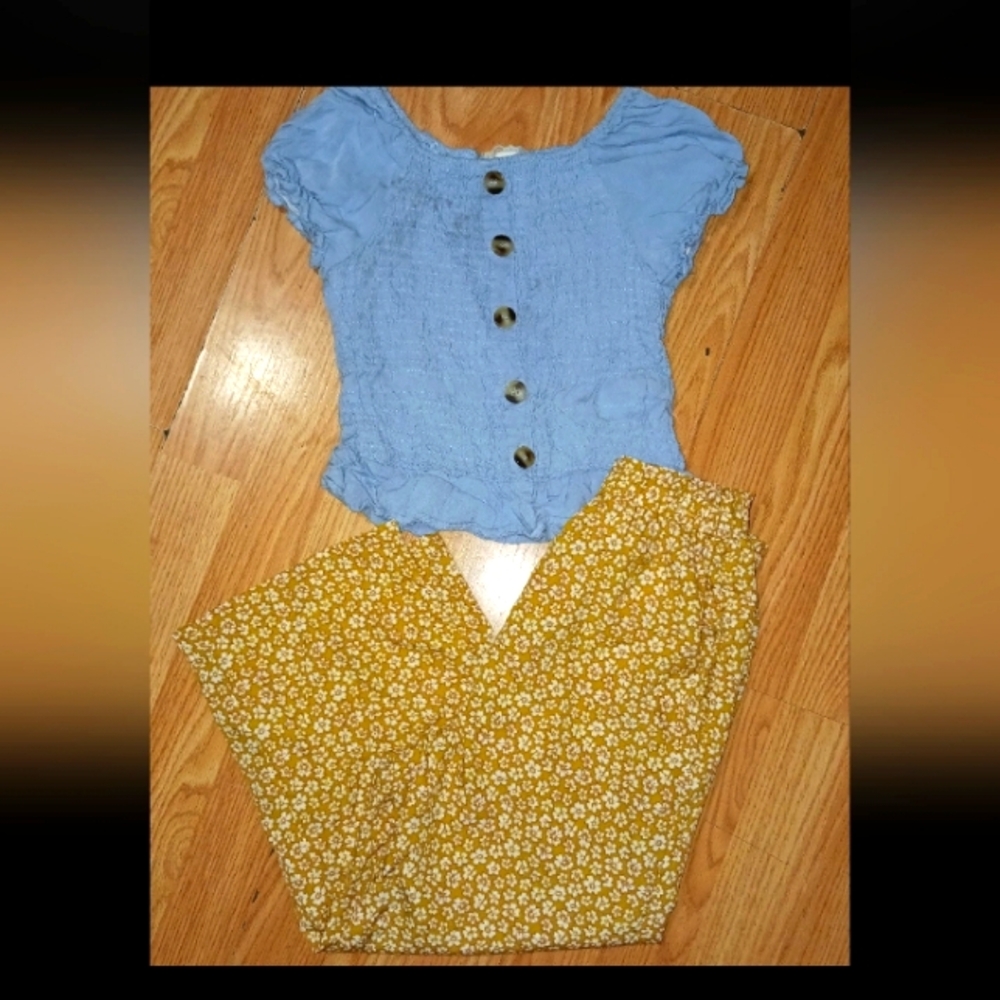 Blue Button-Up Top and Yellow Floral Pants Set